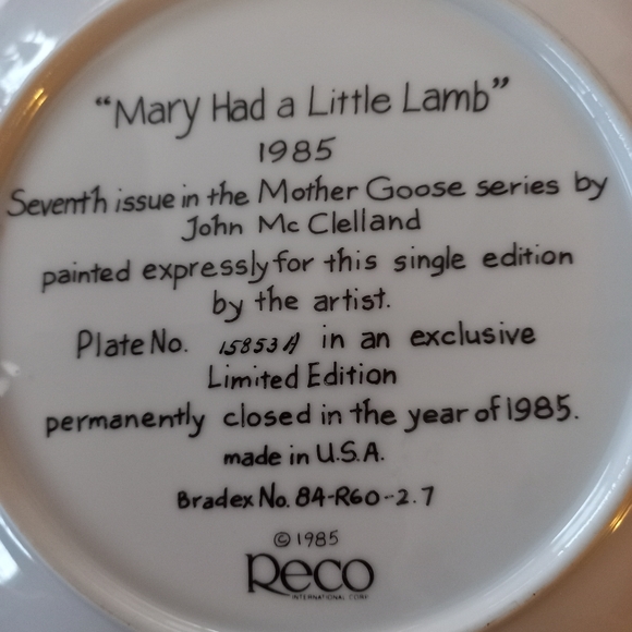 Collectable plate, Mary Had a Little Lamb 1985 - Picture 4 of 4